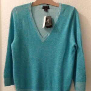 NWTS, J.CREW, SIZE L, ITALIAN CASHMERE, V NECK, AQUA, 3/4 SLEEVE SWEATER
